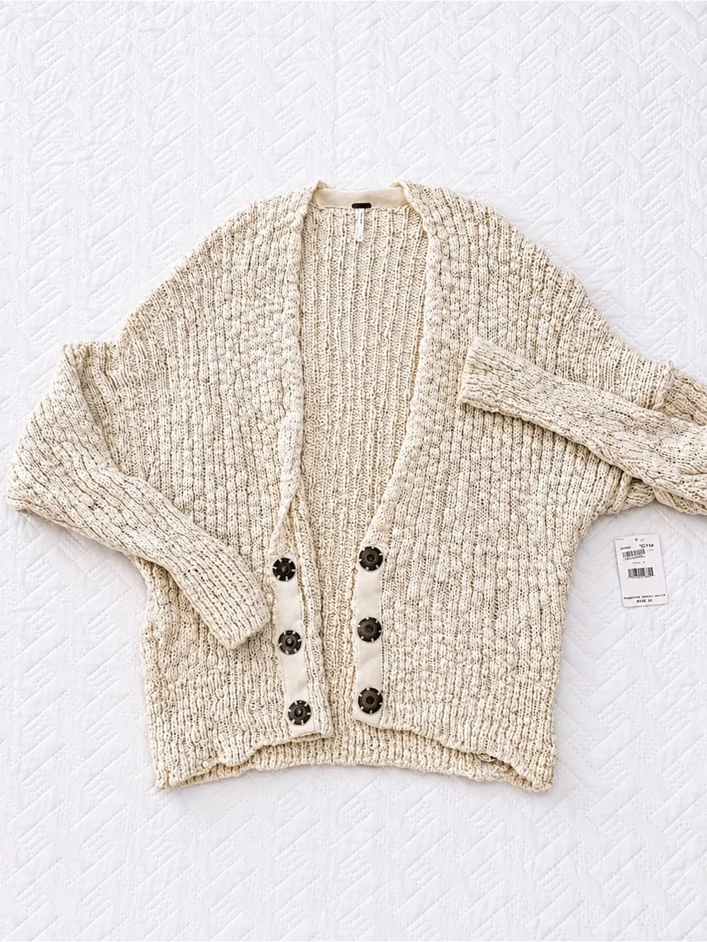 Free People Fun Times Cardigan Oversized Chunky Knit Cream Sweater NWT | Size L